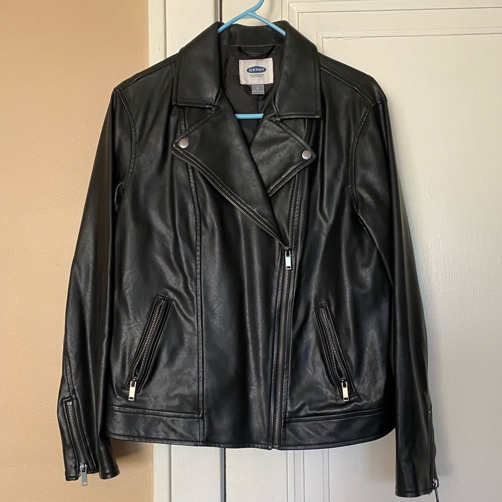 Old Navy Black Vegan Faux Leather Motorcycle Jacket women’s Large.